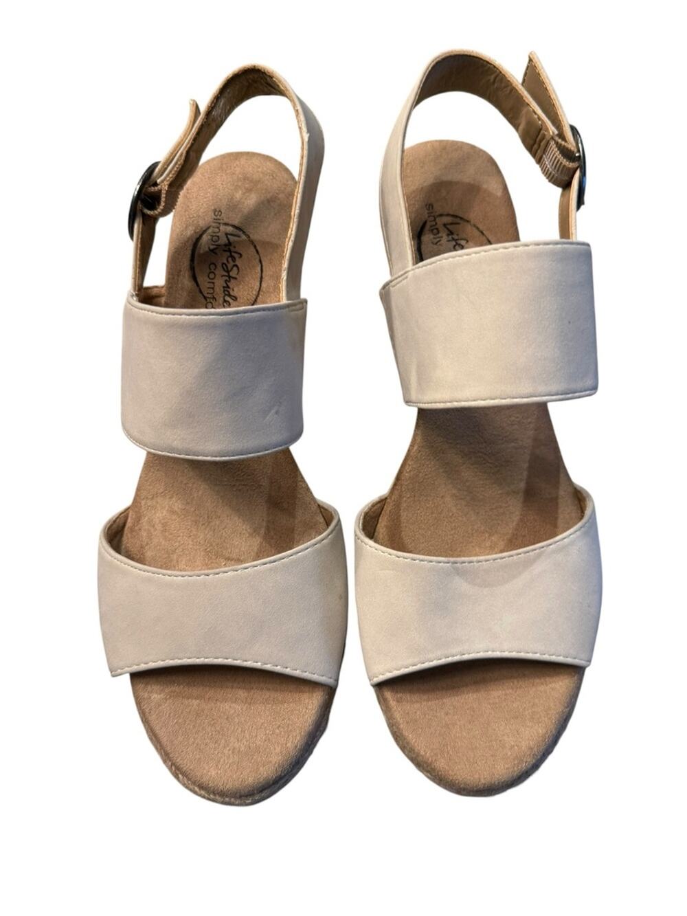 Life stride Brielle Women's Size 7 Cream Dual-Strap Slingback Wedge Sandals